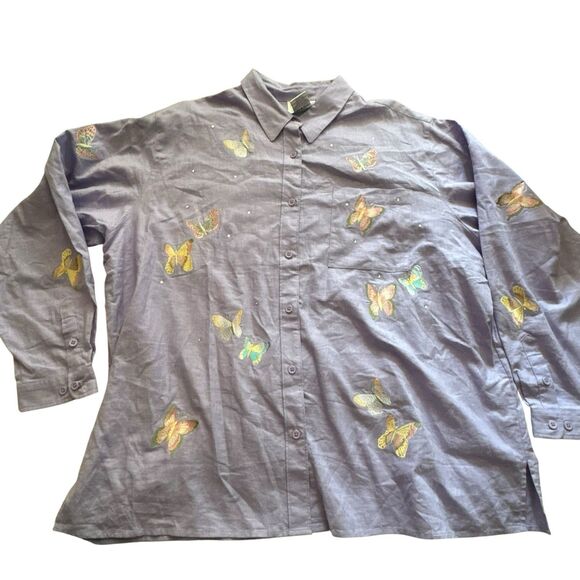 Vintage Quacker Factory Shirt Women 2Xl Purple Butterfly Embroidery Beautiful - Picture 1 of 14